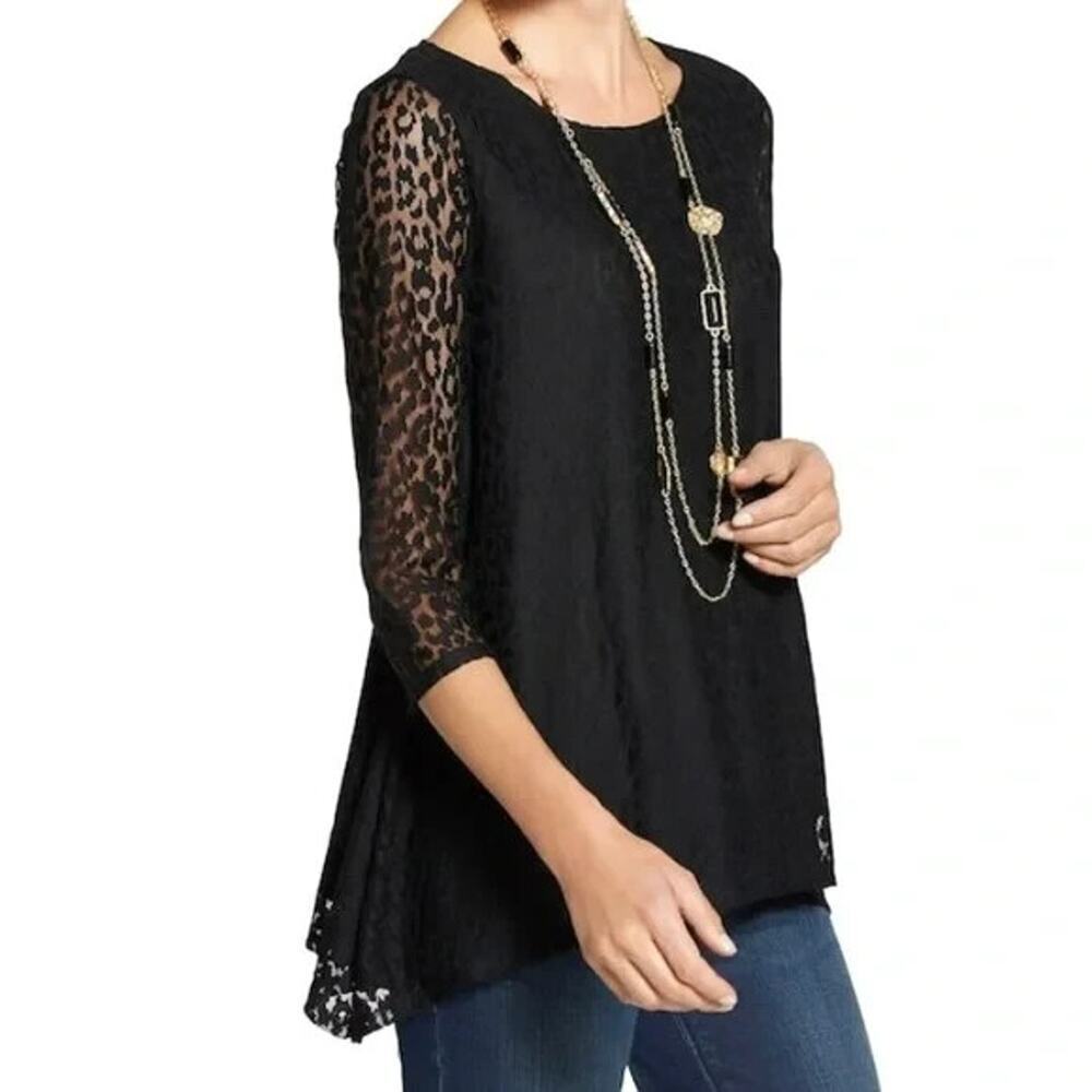 Chico's Stretch Lace Top Sz Large / 2 Black Leopard Pattern 3/4 Sleeve Sharkbite